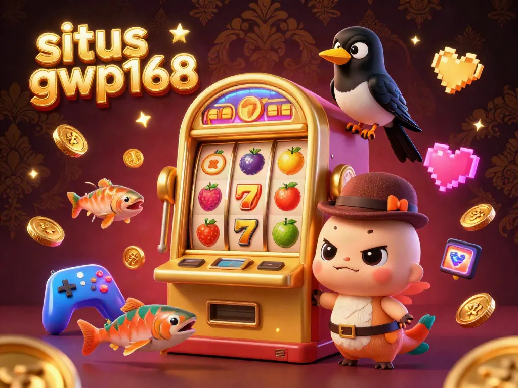 Permainan kasino interaktif situs gwp168 dengan karakter unik dan mesin slot berwarna-warni yang menjanjikan kesenangan.