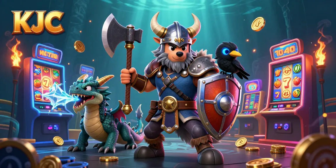 Engage in thrilling KJC gaming as a Viking wolf warrior battles alongside a fierce dragon in a colorful casino setting.