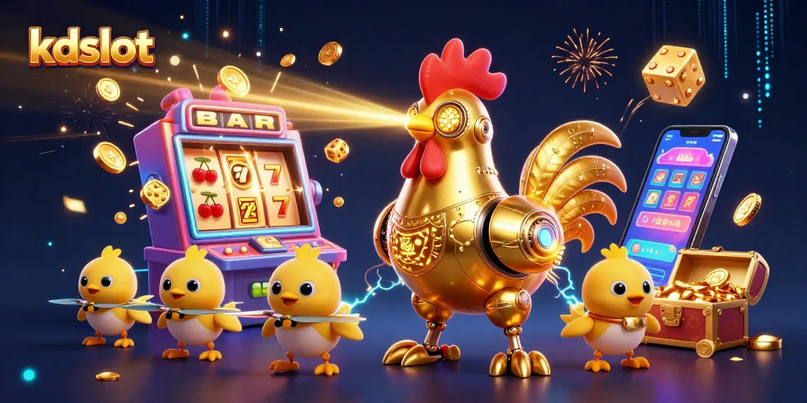 Win big with kdslot at an ultra-detailed futuristic casino scene, featuring a golden rooster robot and interactive slots.