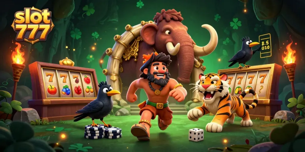 Menyaksikan permainan slot 777 dengan karakter prasejarah dalam kasino prasejarah yang semarak.