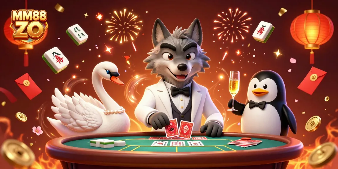 Engage in exciting gameplay at MM88 ZO with a dynamic casino scene featuring a debonair wolf and elegant swan.