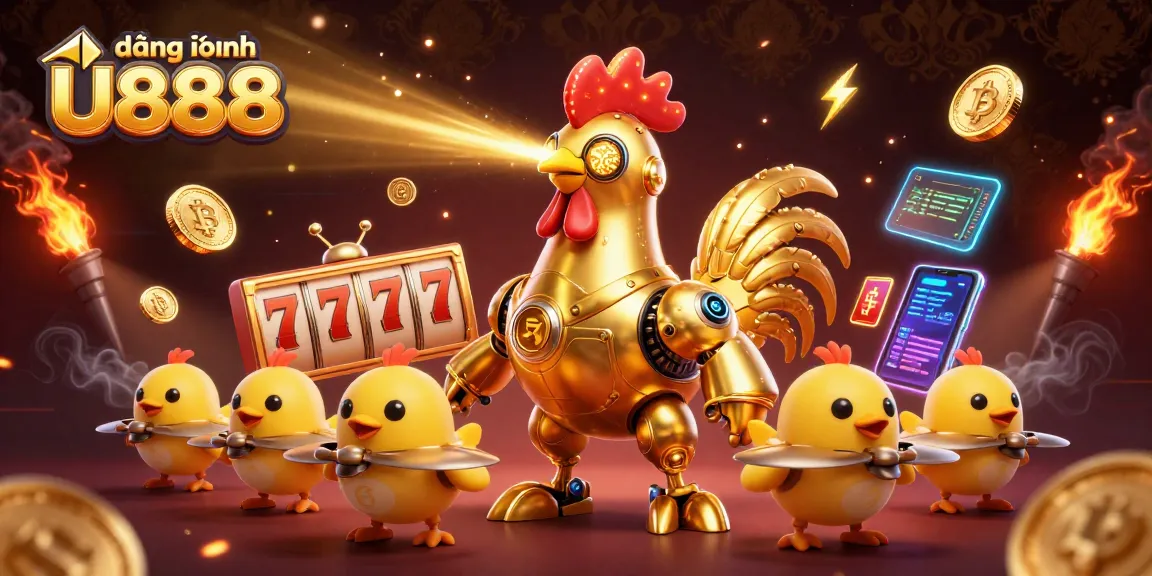 Experience đăng nhập U888 with vibrant slot reels and a golden rooster robot illustration.
