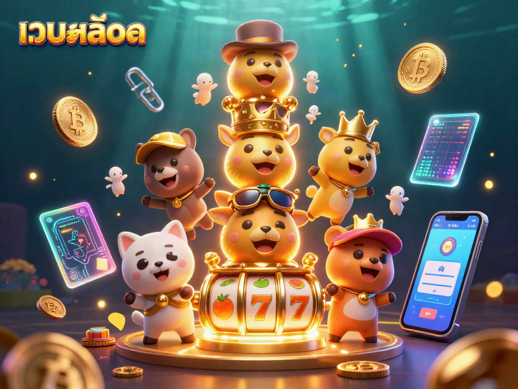 Engage with เว็บสล็อต through vibrant 3D art showcasing slot reels, crypto coins, and lively totem characters.