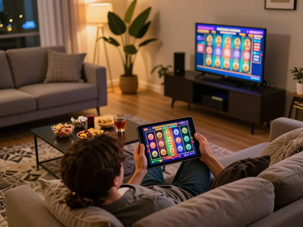 Pemain yang terlibat menikmati permainan slot di tablet dalam pengaturan permainan di rumah yang nyaman