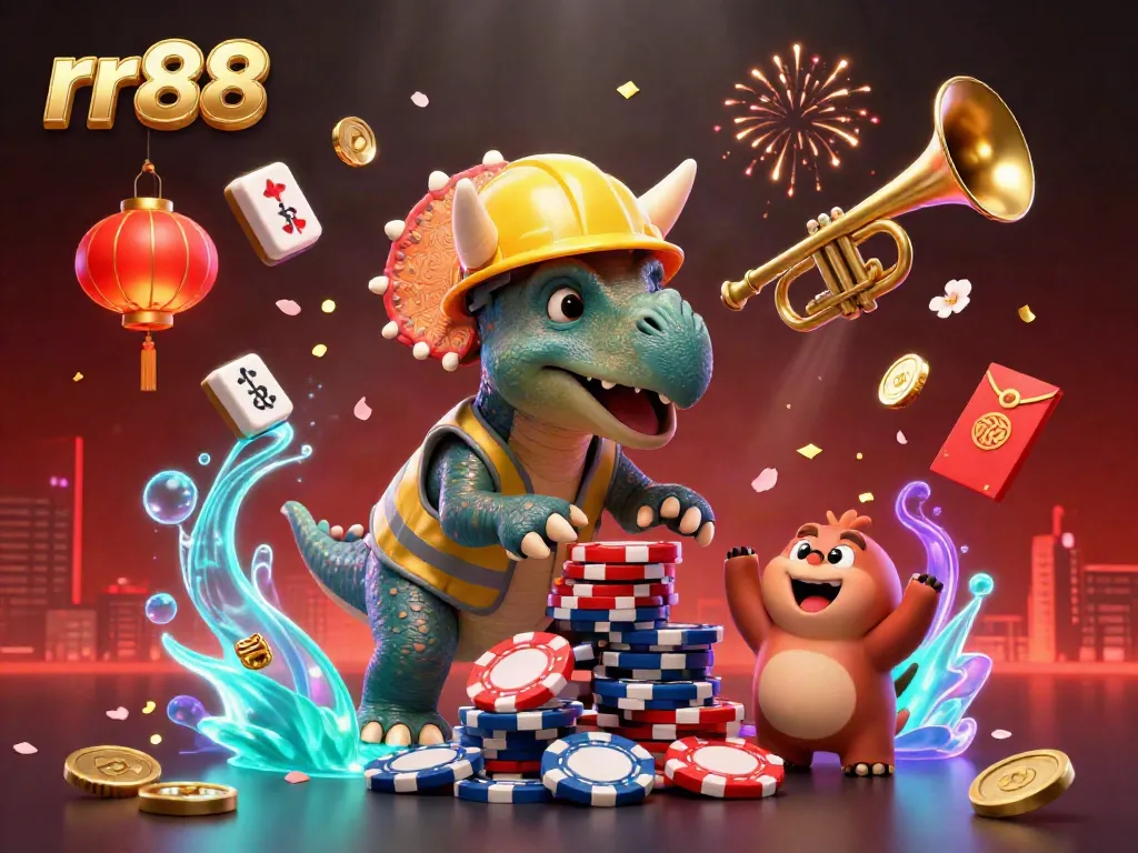 Engage in fun with rr88 as a triceratops builds a poker chip pyramid while a parasaurolophus and cheering compys celebrate.