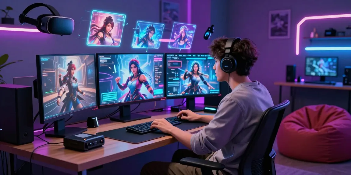 User engaged in nsfw ai roleplay at a stylish desk with immersive digital interactions and custom AI characters floating above, emphasizing the engaging tech experience.