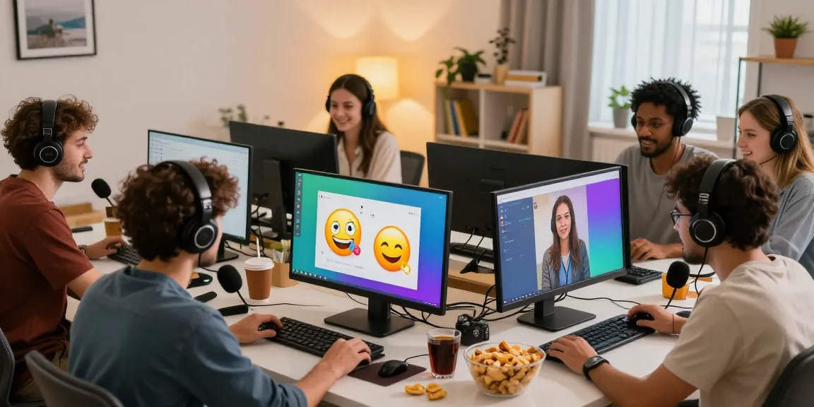 Engaging online chat room with users enjoying lively discussions in شات فله, featuring computers, emojis, and snacks.