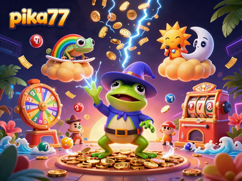 Engage with excitement on pika77, as golden coins rain down in a vibrant casino scene.