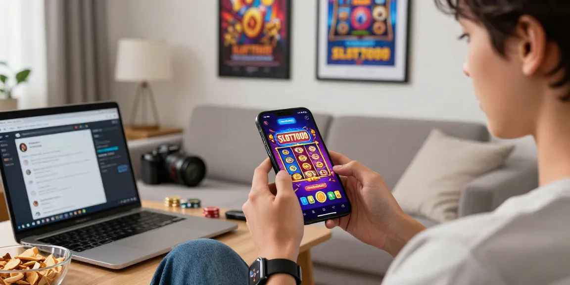 Engaged user enjoying SLOT7000 app on smartphone in a vibrant gaming environment.