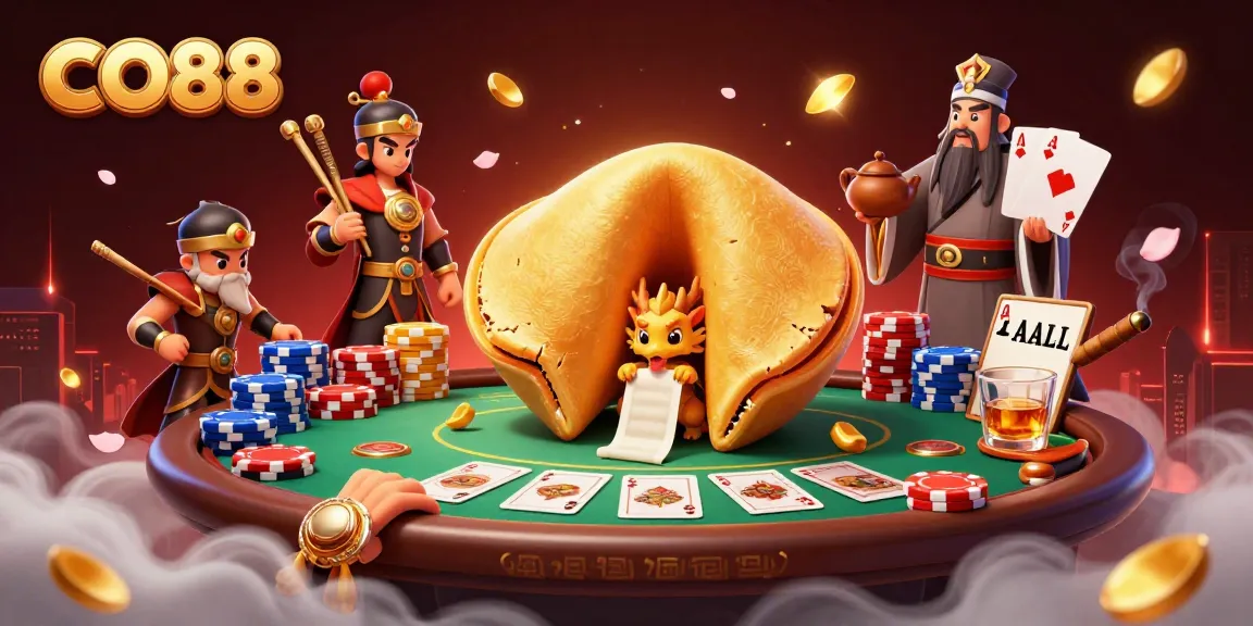 Engage in exciting gameplay at CO88 with a dynamic scene featuring a fortune cookie and poker elements.