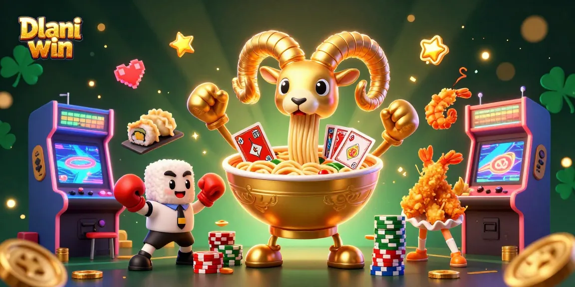 Dhani win showcases a vibrant gaming scene with a giant ramen bowl dealer, arcade machines, and casino elements.