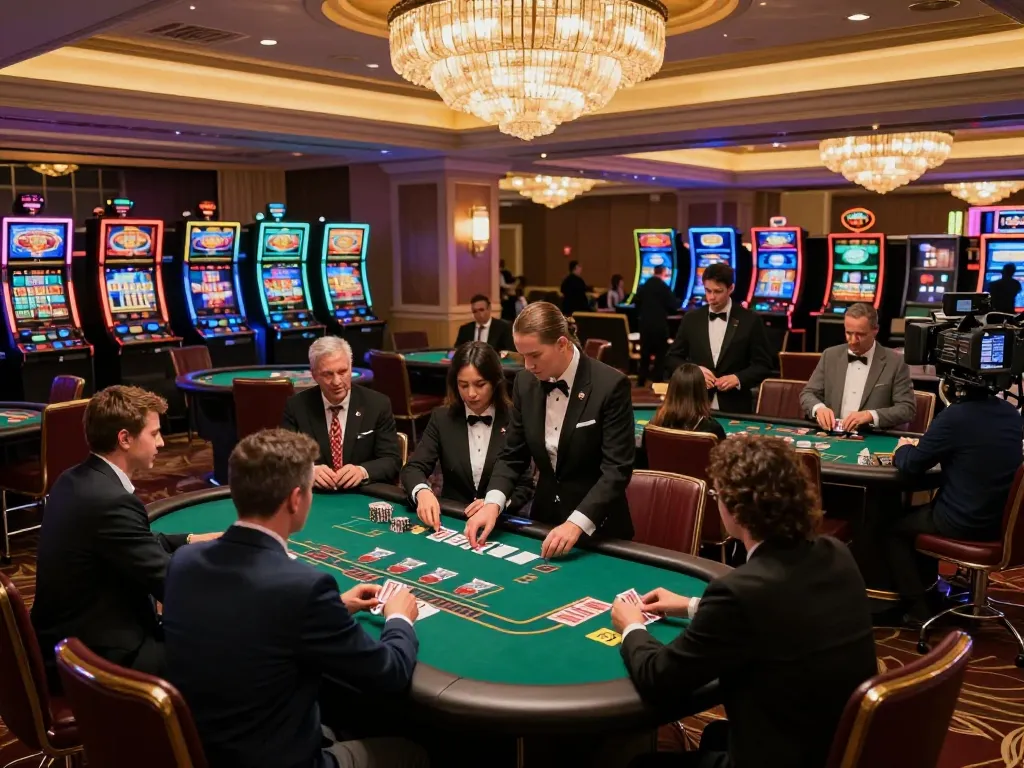 Players engaging in high-stakes blackjack game at hm88 casino with an elegant atmosphere, illuminated by chandeliers.
