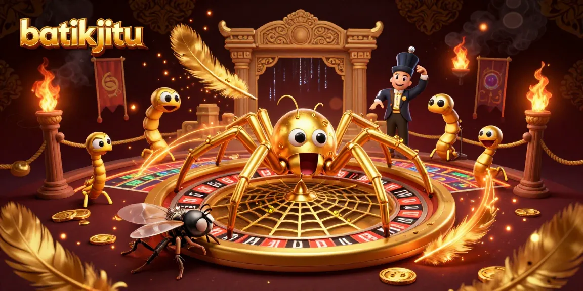 Batikjitu menghadirkan suasana taruhan dalam ilustrasi 3D dengan laba-laba emas dan croupier sentipede.