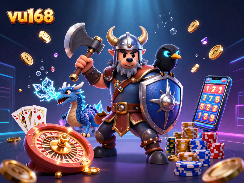 Experience thrilling gaming with vu168's Viking warrior, fierce dragon, and vibrant casino elements.