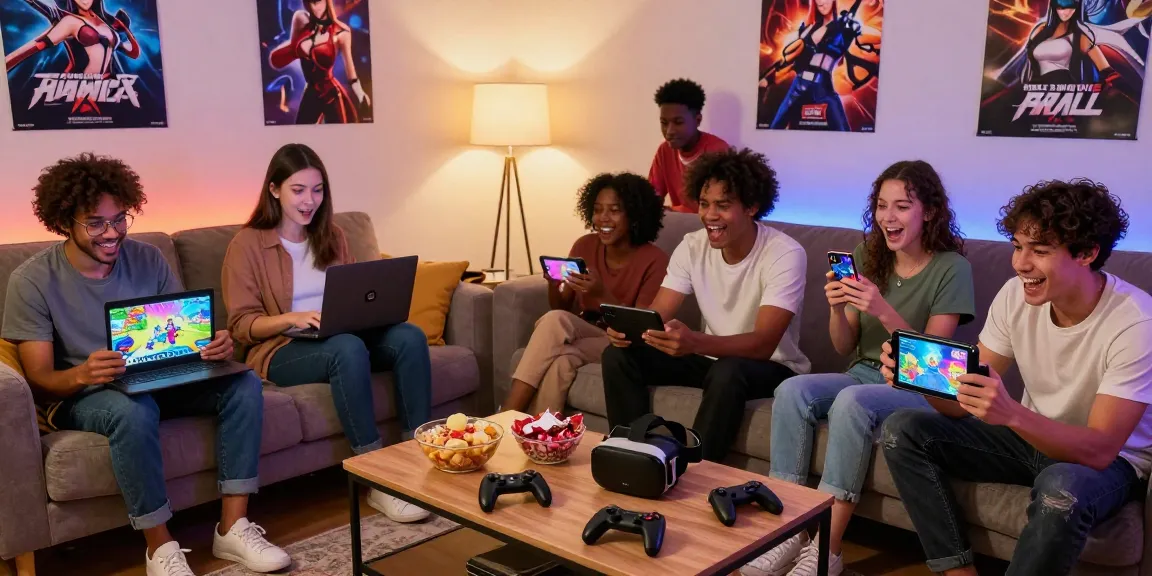 Group of gamers enjoying various hentai games in a cozy living room filled with snacks and colorful game graphics.