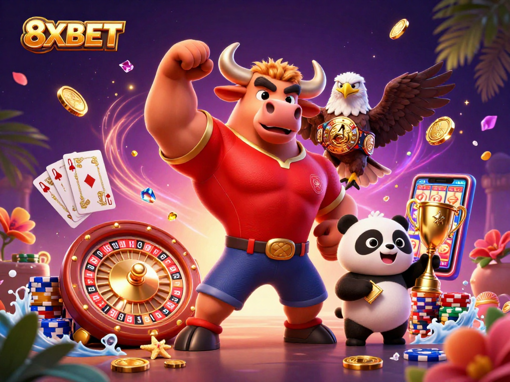 Experience the thrill of gaming with 8XBET as champions celebrate wins in a bustling casino scene.