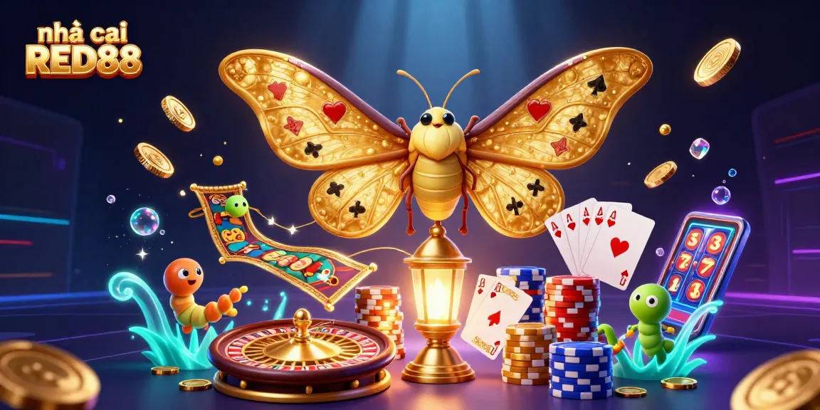 Experience thrill with nhà cái RED88 in this vibrant 3D casino illustration showcasing games and excitement.
