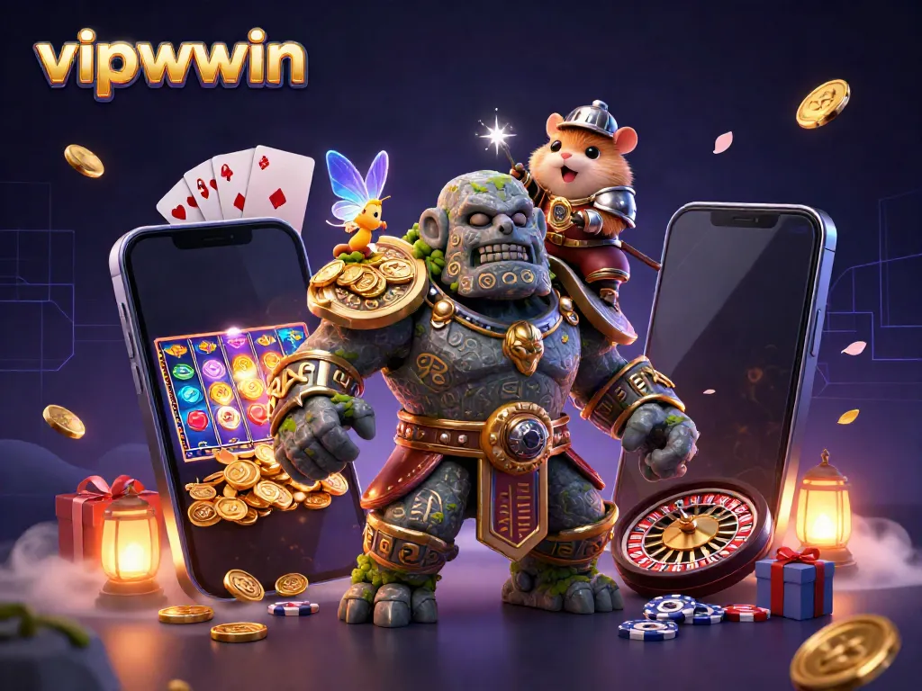 Experience the excitement of vipwwin with an ancient stone golem, a fairy, and a hamster knight in a vibrant casino scene.