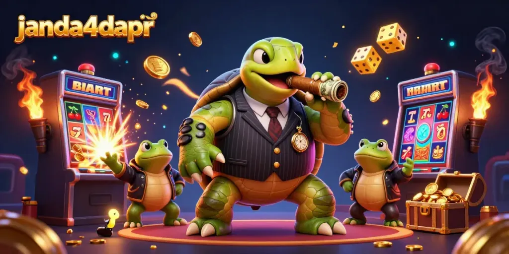 Ilustrasi kasino digital janda4dapr dengan karakter unik dan jackpot melimpah.