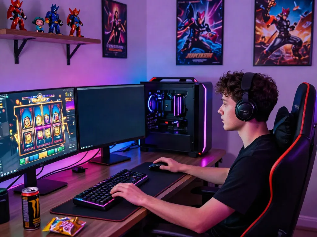 Akujp gaming setup showcasing vibrant screens and gamer ambiance.