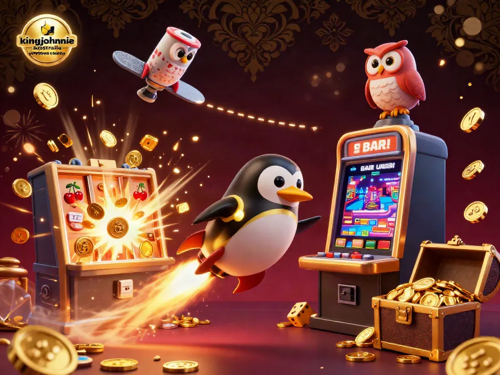 Experience the excitement of kingjohnnie australia windows casino with a golden penguin blasting through space, surrounded by vibrant casino elements.