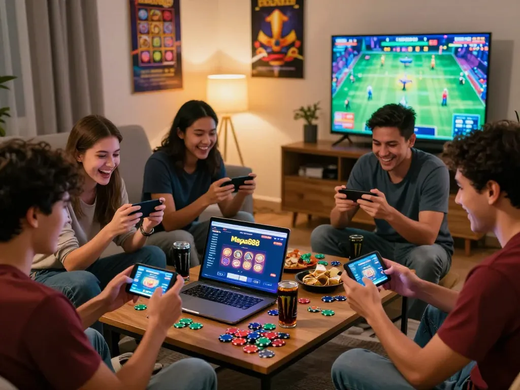 Cheerful friends enjoying free credit Mega888 game night with snacks, colorful poker chips, and mobile devices in a cozy living room setting.