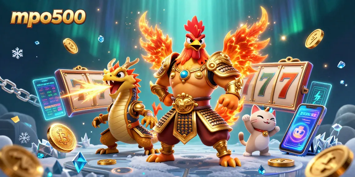 Experience thrilling play at mpo500 with vibrant 3D illustration featuring a rooster warrior and dragon hatchling.