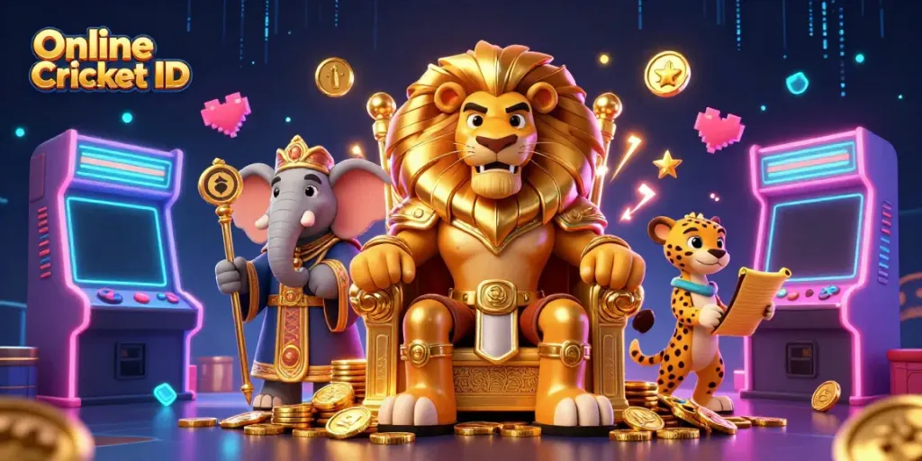 Bet smarter with a verified Online Cricket ID, featuring vibrant gaming elements, royal characters, and secure transactions.
