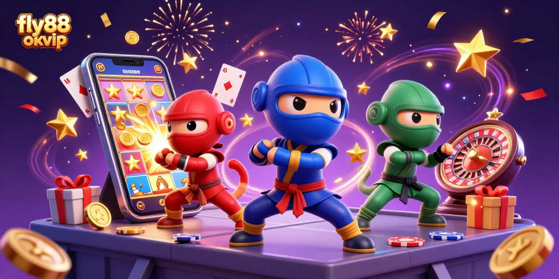 Engaging scene with fly88 okvip showcasing a ninja chameleon team surrounded by casino elements and explosive energy.