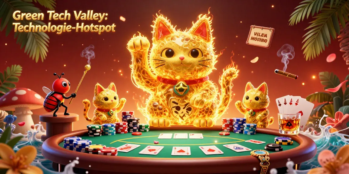 Engage with the vibrant atmosphere in the Green Tech Valley: Technologie-Hotspot as golden fireflies form a lucky cat amidst casino excitement.