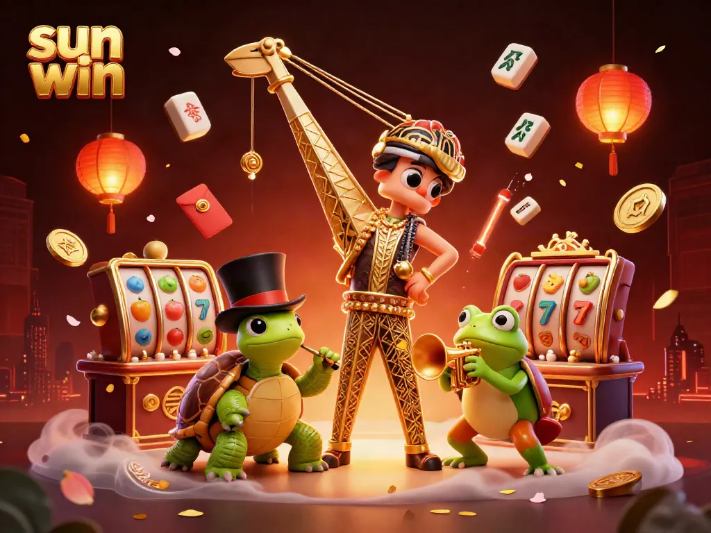 Experience the excitement of sun win with slot reels and lucky symbols in a vibrant casino scene.