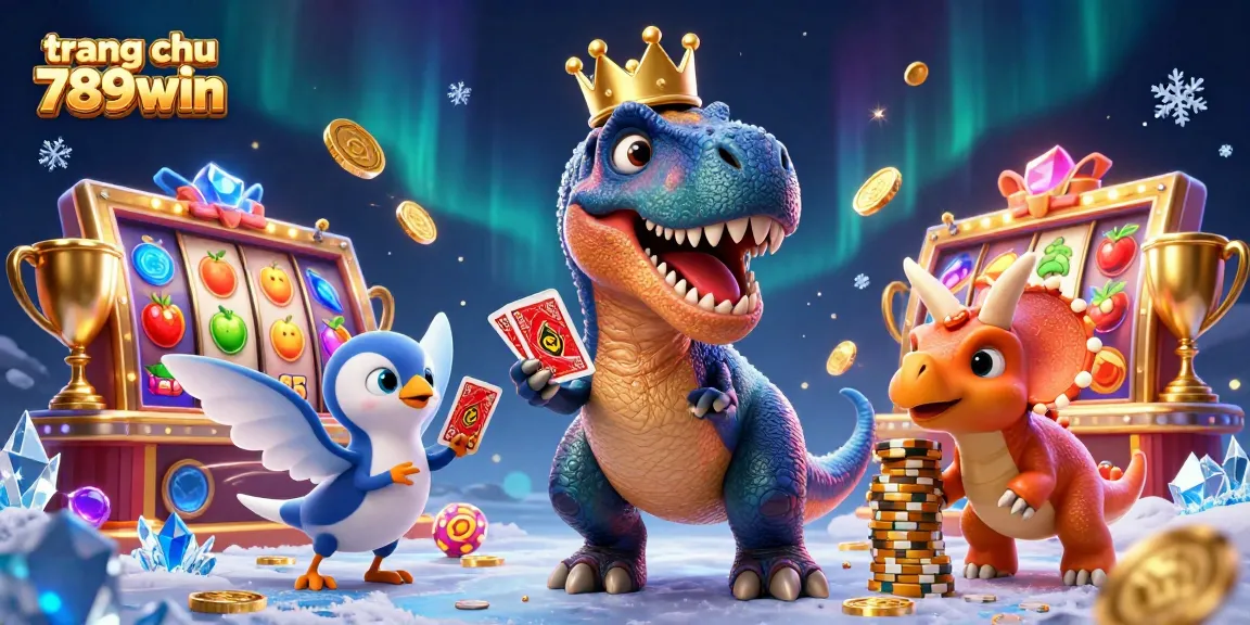 Experience the thrill of gaming action with trang chu 789win, featuring fun characters in a vibrant casino setting.