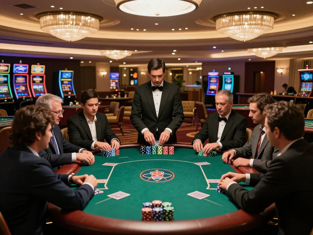 Vin 88 poker game in upscale casino, players strategizing in a luxury setting