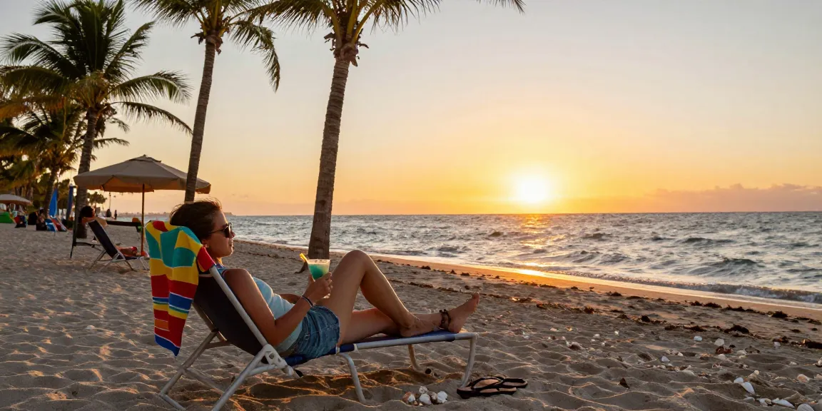 Pengunjung menikmati suasana pantai di Miami dengan pemandangan matahari terbenam di https://miami4d.com/.