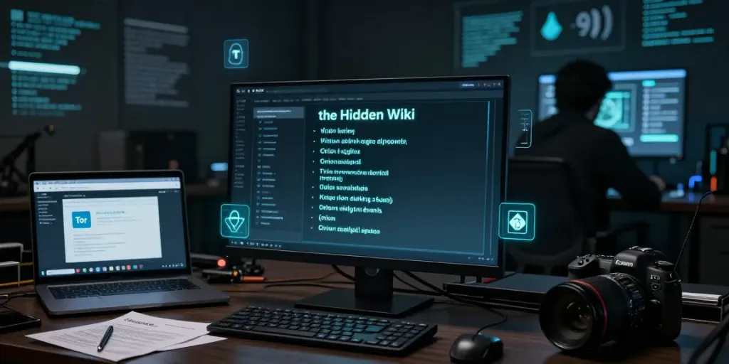 Exploring the Hidden Wiki on the dark web with .onion links and cybersecurity elements.