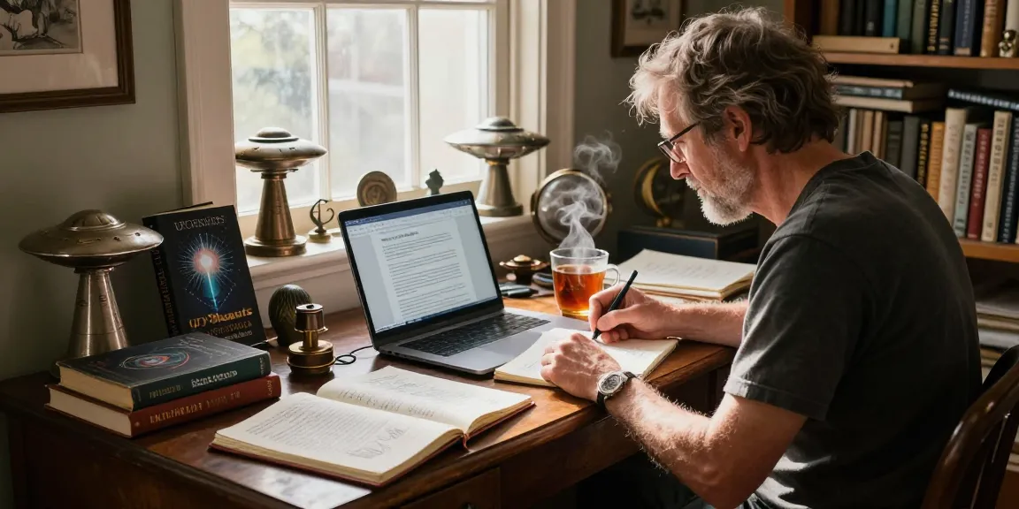T Allen Greenfield at his writing desk, exploring spirituality and UFO themes for https://tallengreenfield.com.