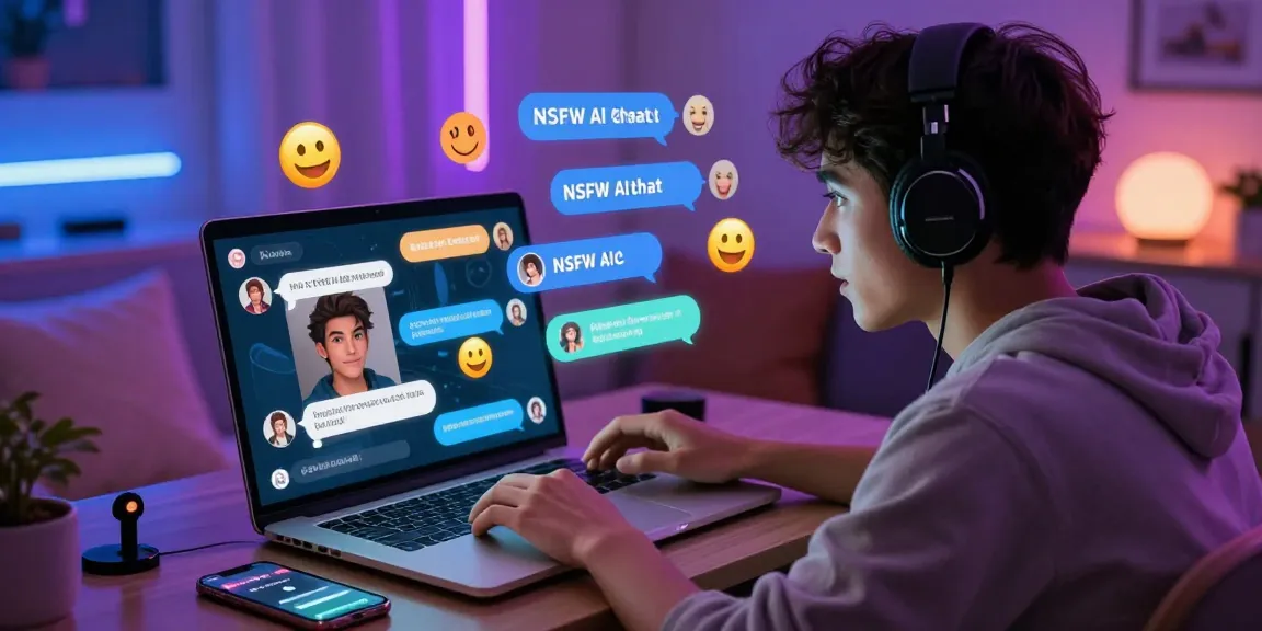 Engaging NSFW AI chat scene with a user interacting with digital characters in a cozy setting