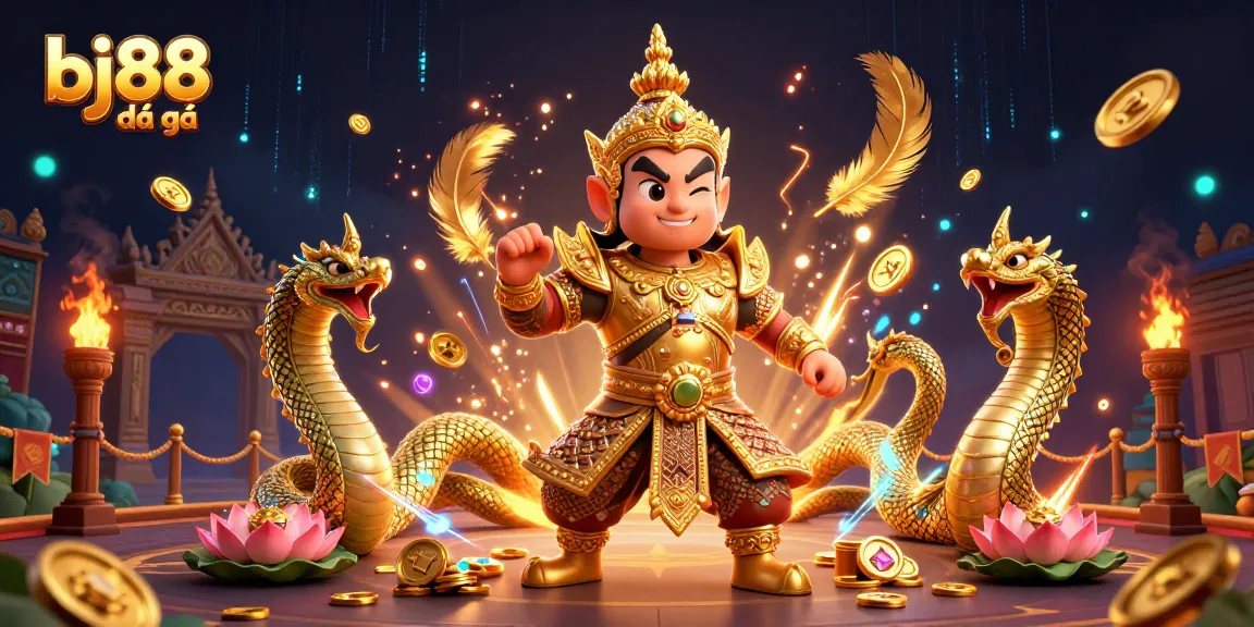 Watch the exciting bj88 đá gà fights featuring dynamic guardians and golden elements in a lively arena.