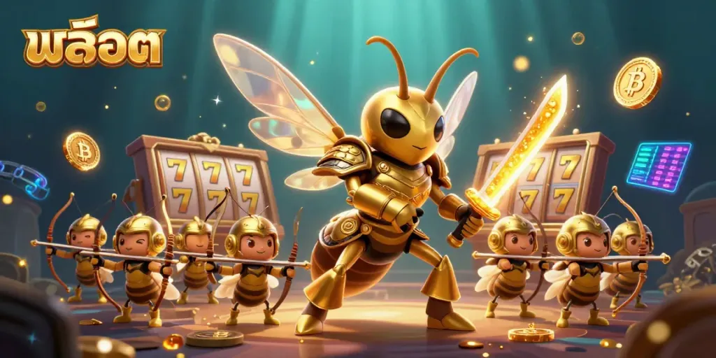Spin the slots with an exhilarating scene showcasing the giant hornet ready for action with golden coins and jackpot symbols slots.