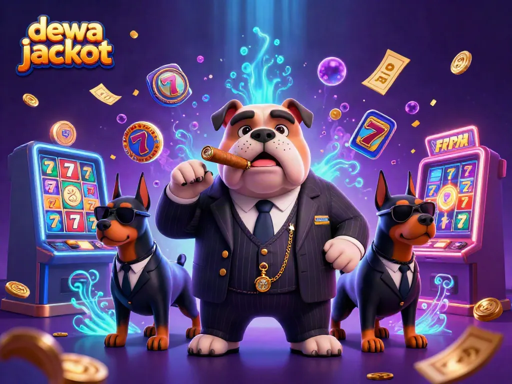 Permainan dewa jackpot dengan karakter kartun mafia dan elemen slot yang berwarna-warni