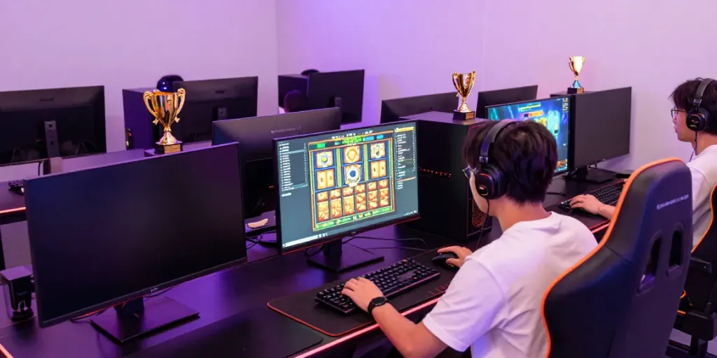 High-tech gaming setup at Bro138 with vibrant screens and dynamic visuals.