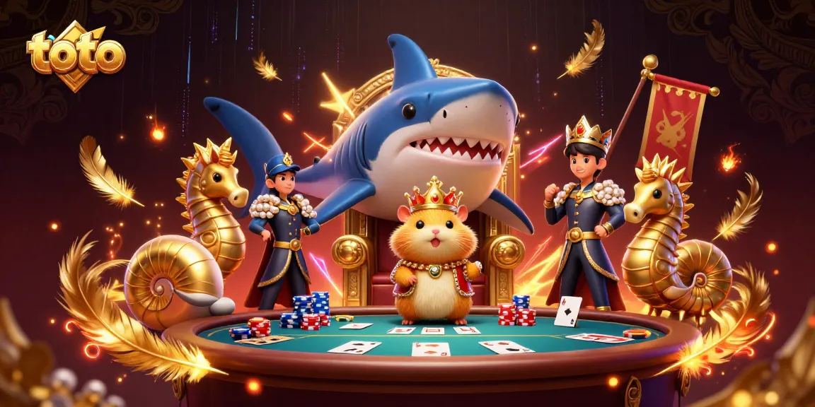 Win big at a poker game with toto, a fierce hamster king in a lavish casino setting.