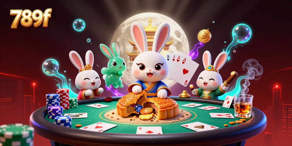 Engage with 789f by uncovering poker chip treasures as the moon rabbit pounds mooncakes in a vibrant casino scene.