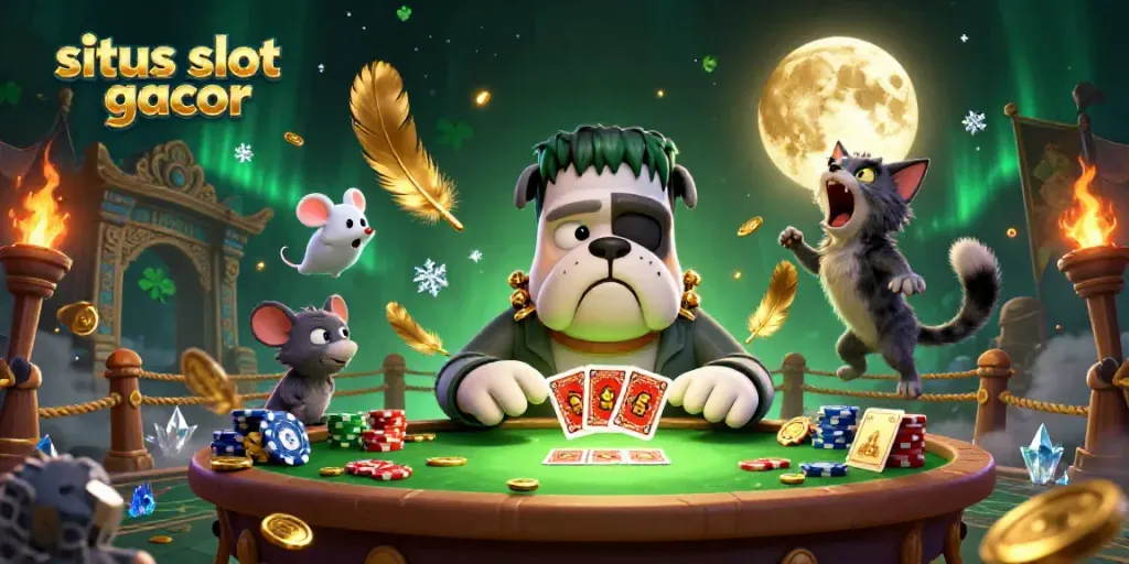 Engage with situs slot gacor as a cartoon Frankenstein bulldog deals cards at a casino.