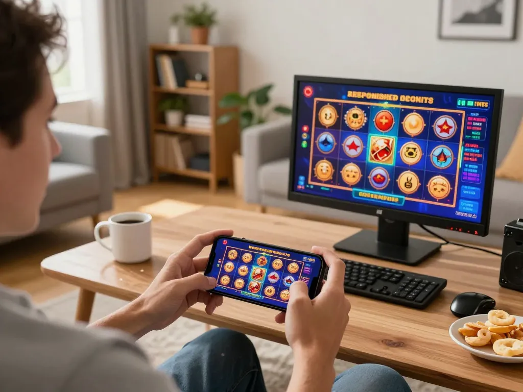 Engaging in mobile gaming with link slot gacor displayed on an online app in a cozy living room.