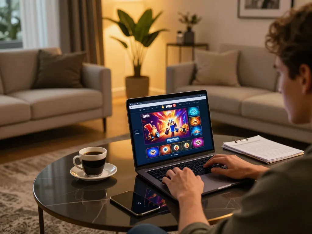 Person engaging in online iWin casino gameplay in a stylish living room, laptop screen showing game interface.