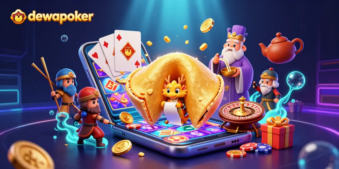 Dewapoker players enjoy an exciting game as golden coins and slot reels animate the scene, enriching their gaming experience.