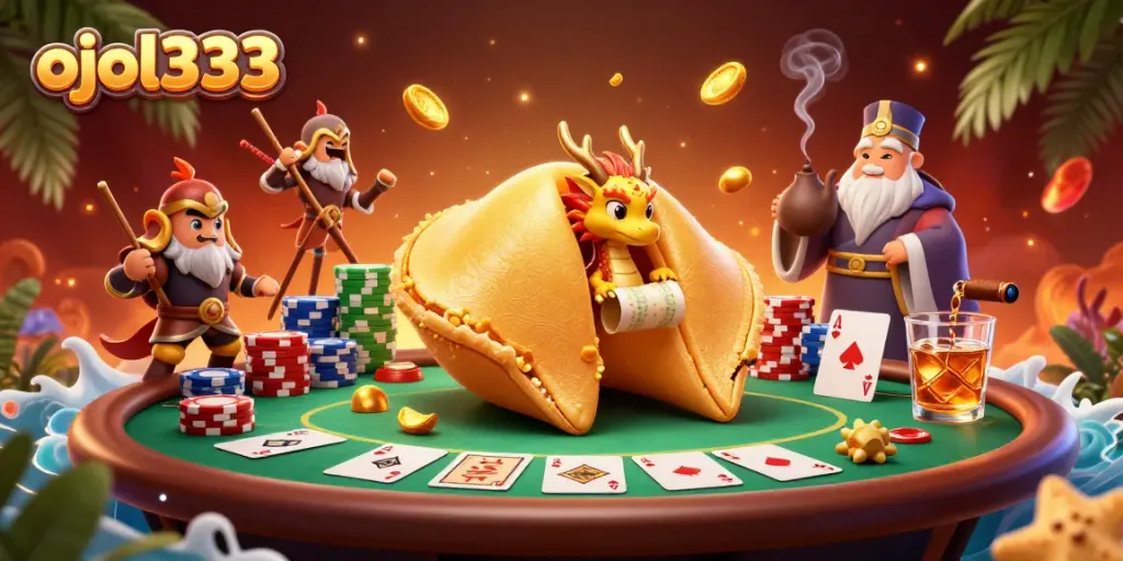 Engage with ojol333's thrilling poker scene featuring a wise dragon and golden fortune cookie.