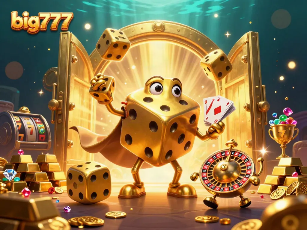 Engage with big777’s exciting gaming world, showcasing lively golden dice and rich slot elements.
