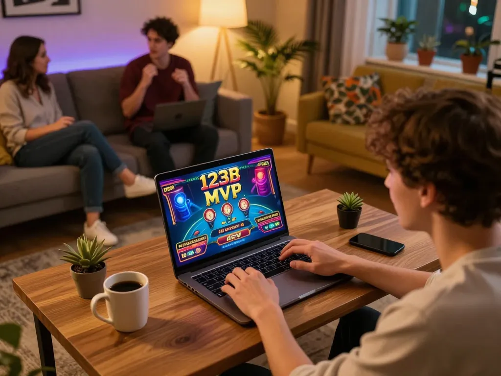 Engaging online gaming scene at home demonstrating 123B MVP's interface with vibrant visuals.